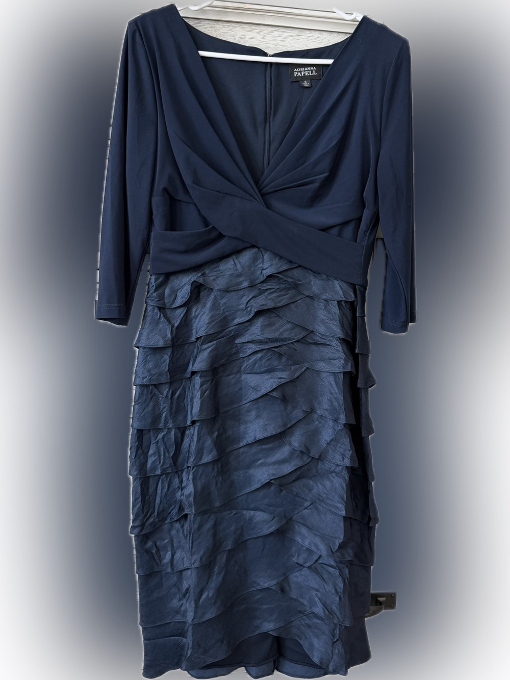 Adrianna Papell Navy Layered Ruffle 3/4 Sleeve Dress